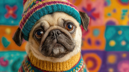 A charming pug dressed in a vibrant hat and sweater, set against an equally colorful background. This image captures the fun and personality of pet fashion, perfect for animal lovers and lifestyle promotions.の素材