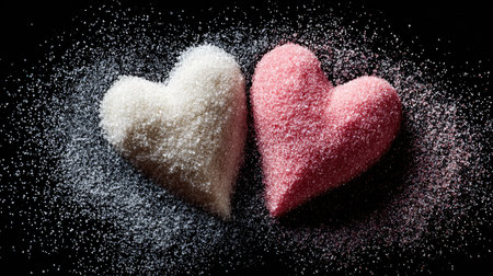 Two heart-shaped sugar sculptures, one white and one pink, rest on a dark background, creating a romantic and sweet atmosphere perfect for love-themed projects.の素材