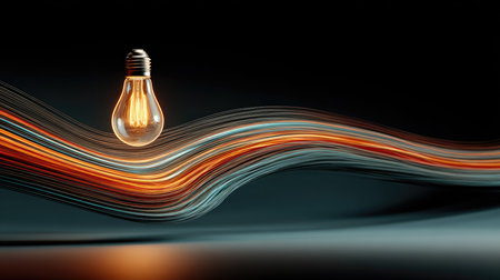 This captivating image features a floating light bulb surrounded by colorful waves, representing energy and creativity in a sleek, abstract design.の素材