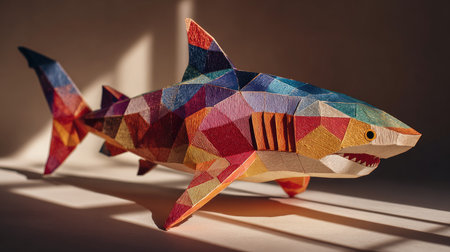 This vibrant wooden shark toy features a unique geometric design that captures the imagination. Perfect for decor or educational purposes, it blends artistry with playfulness.の素材
