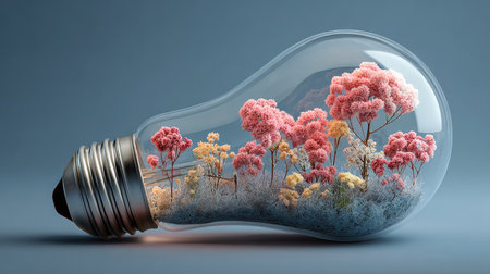 This captivating image showcases colorful flowers blooming within a transparent light bulb, blending nature with innovation. The surrealistic scene evokes creativity, symbolizing growth and inspiration.の素材