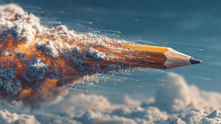 A visually stunning image of a pencil launching through vibrant clouds, surrounded by bursts of colorful smoke and explosions, symbolizing creativity and imagination.の素材