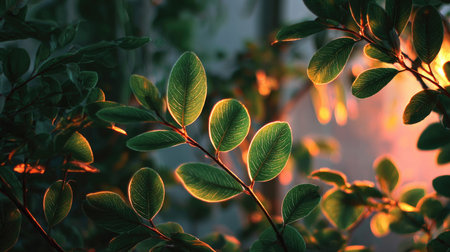 A stunning close-up image showcasing vibrant green leaves illuminated by soft ambient light. This composition emphasizes the beauty of nature and tranquility.の素材