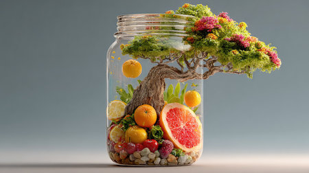 This unique illustration features a beautiful tree and assorted fruits artistically arranged within a glass jar, symbolizing nature's beauty and wellness.の素材