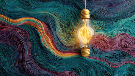 A stunning abstract image showcasing a light bulb against a dynamic background of swirling colorful lines, conveying creativity and warmth.の素材
