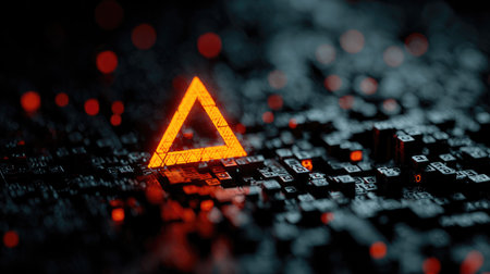 This striking digital artwork features a glowing orange triangle set against a textured dark background filled with pixelated shapes. The modern design highlights contrast and depth, making it perfect for technology or abstract themes.の素材