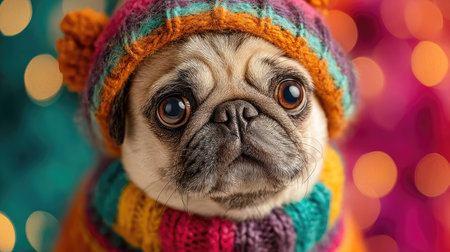 This delightful image captures a cute pug adorned in a colorful knitted hat and sweater, radiating charm in a warm, festive atmosphere.の素材