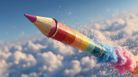 A vibrant pencil-shaped rocket lifts into the sky, leaving a colorful smoke trail amidst fluffy clouds, symbolizing creativity and imagination in flight.の素材