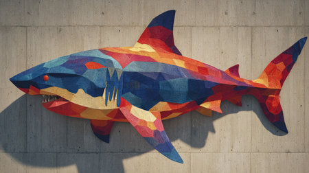 This vibrant artwork showcases a unique shark sculpture made of geometric shapes and bright colors, contrasting with a concrete wall, adding flair and creativity to any space.の素材