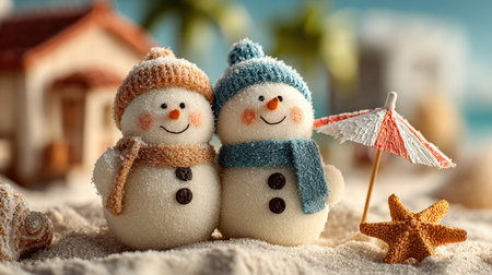 This charming image features two adorable snowmen wearing colorful hats and scarves, enjoying a sunny day at the beach. A whimsical depiction of warmth and joy.の素材