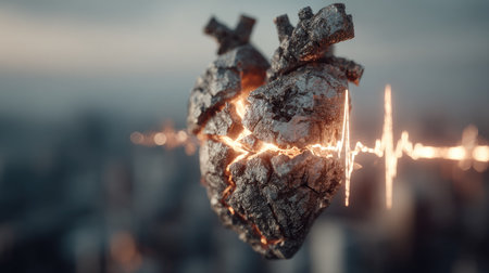 This striking image showcases a cracked heart emanating an electrical pulse over an urban landscape, highlighting emotions and the vitality of life in a visually compelling way.の素材