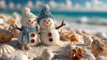 Charming scene featuring two handcrafted snowmen on a sandy beach surrounded by seashells, capturing the essence of warmth, creativity, and joy in nature.の素材