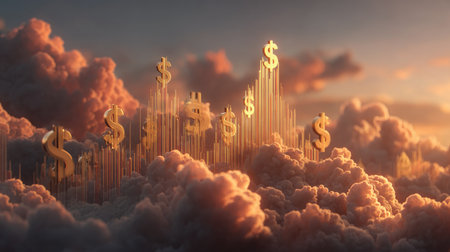 A captivating scene featuring golden dollar symbols emerging from fluffy clouds at sunrise, symbolizing boundless financial success and opportunities.の素材