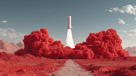 A stunning depiction of a rocket launching against a vivid red landscape, with dramatic smoke clouds billowing into the atmosphere, capturing the spirit of exploration.の素材