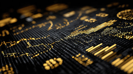 Explore an abstract representation of data visuals featuring golden accents against a dark background, ideal for themes in technology and finance.の素材