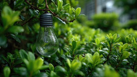 A stunning decorative light bulb hangs elegantly among lush green foliage, creating a serene atmosphere in a tranquil garden setting that embodies nature's beauty.の素材