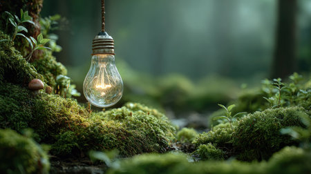 A vintage clear light bulb hangs delicately amidst vibrant green moss in a serene forest setting, creating an enchanting atmosphere of tranquility and natural beauty.の素材