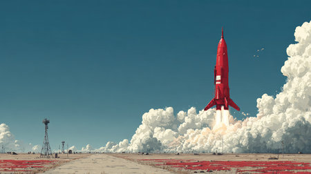 A vivid illustration showcasing a rocket launch with bright colors against a dynamic, cloud-filled sky. The dramatic landscape enhances the sense of adventure and exploration.の素材