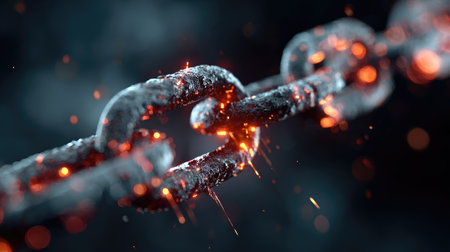 This striking image captures a close-up view of a rusty chain link emitting glowing sparks against a dark background, highlighting the contrast between decay and energy.の素材