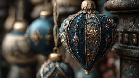 Beautifully crafted ornaments showcase intricate embroidery and vibrant colors, adding elegance and a touch of luxury to any festive setting.の素材