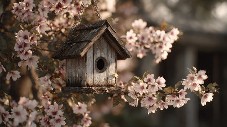 A charming wooden birdhouse hangs gracefully among soft pink cherry blossoms, creating a peaceful and inviting scene in a garden during springtime.の素材