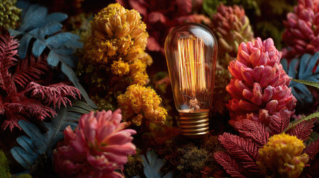 A vintage light bulb emits a warm glow, beautifully nestled among vibrant flowers and lush greenery, creating a captivating and serene still life arrangement.の素材