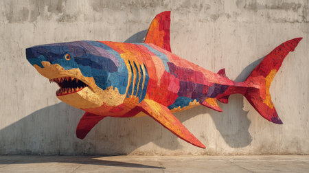 A vibrant and imaginative shark sculpture showcases a blend of colors against a concrete wall, highlighting urban street art creativity and marine life inspiration.の素材