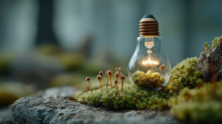 A captivating image of a light bulb surrounded by lush moss and tiny mushrooms atop a rock, creating a serene and organic atmosphere in nature.の素材