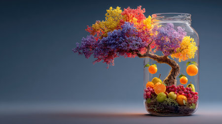 A mesmerizing display features a colorful tree made of vibrant foliage and assorted fresh fruits inside a glass jar, blending art and nature beautifully.の素材