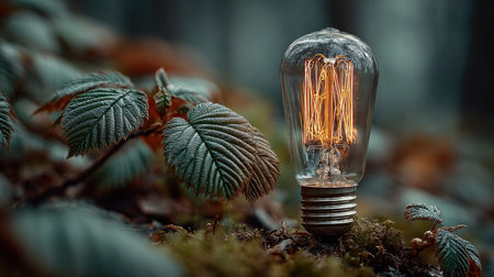 A vintage light bulb shines warmly amidst lush green leaves in a tranquil forest setting, symbolizing the harmonious blend of nature and illumination, evoking serenity.の素材