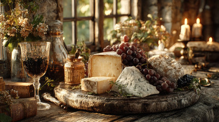 A beautifully arranged rustic cheese platter featuring a selection of cheeses, fresh grapes, and a glass of wine, set in a cozy, candlelit atmosphere.の素材