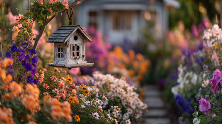 Experience the beauty of a serene garden with a charming vintage birdhouse surrounded by a vibrant display of colorful blooms under soft sunlight.の素材