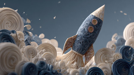 This imaginative artwork features a whimsical rocket soaring through a sea of colorful swirls, capturing a sense of adventure and creativity.の素材
