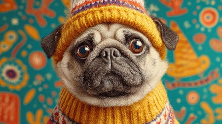 This charming pug wears a cozy winter hat and sweater, exuding warmth and cuteness, set against a vibrant background bursting with playful designs.の素材