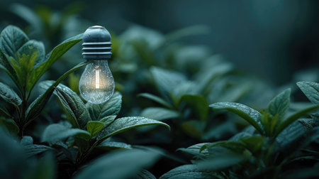 A captivating light bulb hangs amidst lush green leaves, creating a serene atmosphere in nature. The soft focus effect enhances the tranquil vibe.の素材