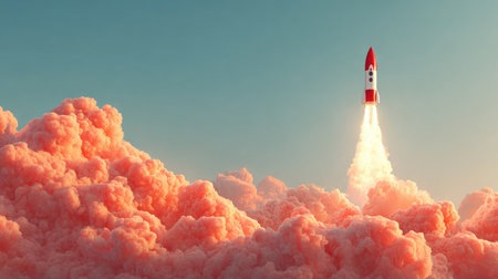 A stunning depiction of a rocket launching into a serene blue sky, surrounded by vibrant pink clouds and soft lighting, representing innovation and adventure.の素材