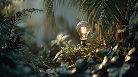 A warm glowing light bulb stands amidst dense green foliage, symbolizing the fusion of natural beauty and modern design in eco-conscious spaces.の素材