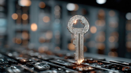 A digital key stands prominently against a blurred database backdrop, symbolizing cutting-edge technology and data security solutions.の素材