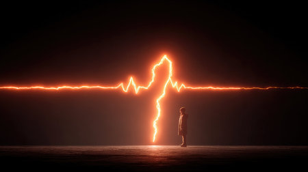 A captivating image of a child standing in front of a vibrant pulse line, symbolizing the essence of life, emotion, and creativity in an artistic manner.の素材