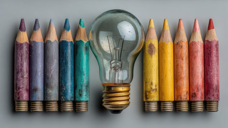 A stunning arrangement of colorful pencils surrounding a vintage light bulb symbolizes the fusion of creativity and inspiration in art and design.の素材