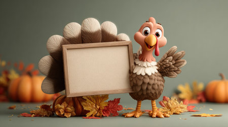 A charming turkey character joyfully holds a blank frame, surrounded by vibrant autumn leaves and pumpkins, perfect for fall festivities and celebrations.の素材