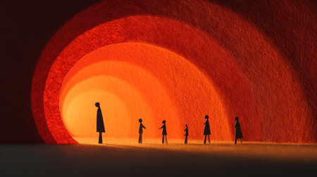 This surreal artwork features silhouette figures walking through a vibrant orange paper tunnel, symbolizing a journey filled with warmth and connection.の素材