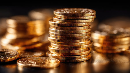 A visually captivating image showcasing stacks of gleaming golden coins against a dark background, emphasizing wealth and prosperity in finance.の素材