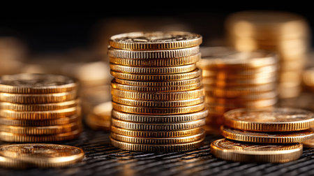 A stunning close-up of stacked golden coins resting on a dark surface, creating a rich atmosphere ideal for themes related to finance and investment.の素材