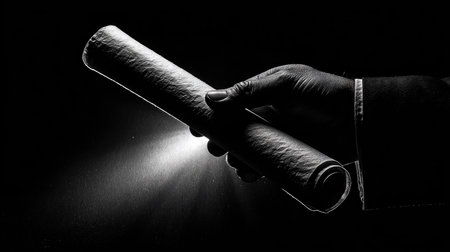 A striking black and white image featuring a hand holding a rolled document, illuminated by a beam of light, creates a mysterious and artistic atmosphere.の素材