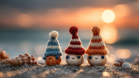 Adorable wooden toy figures adorned with colorful knit hats sit on soft sand, surrounded by seashells, capturing a serene sunset beach vibe.の素材