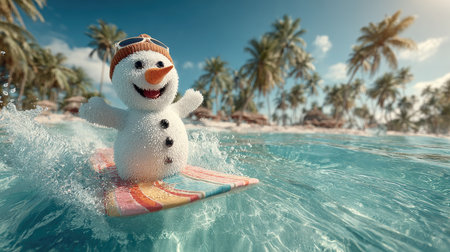 A cheerful snowman rides the waves on a colorful surfboard, surrounded by palm trees and sparkling blue water, embodying the joy of summer fun.の素材