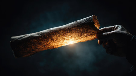 A hand gracefully holds an ancient scroll, illuminated by a soft glow, set against a moody dark background. This image evokes a sense of mystery and history.の素材