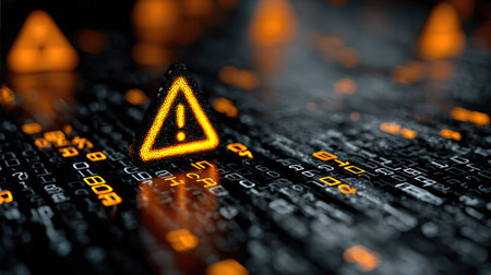 This image showcases a digital warning symbol set against an abstract backdrop of glowing code elements. The striking contrast between light and dark enhances the urgency of the caution signal, making it ideal for technology and security themes.の素材
