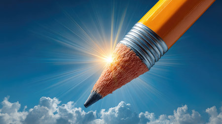 A close-up view of a giant pencil poised against a bright blue sky, radiating sunlight with fluffy clouds, symbolizing creativity and inspiration.の素材